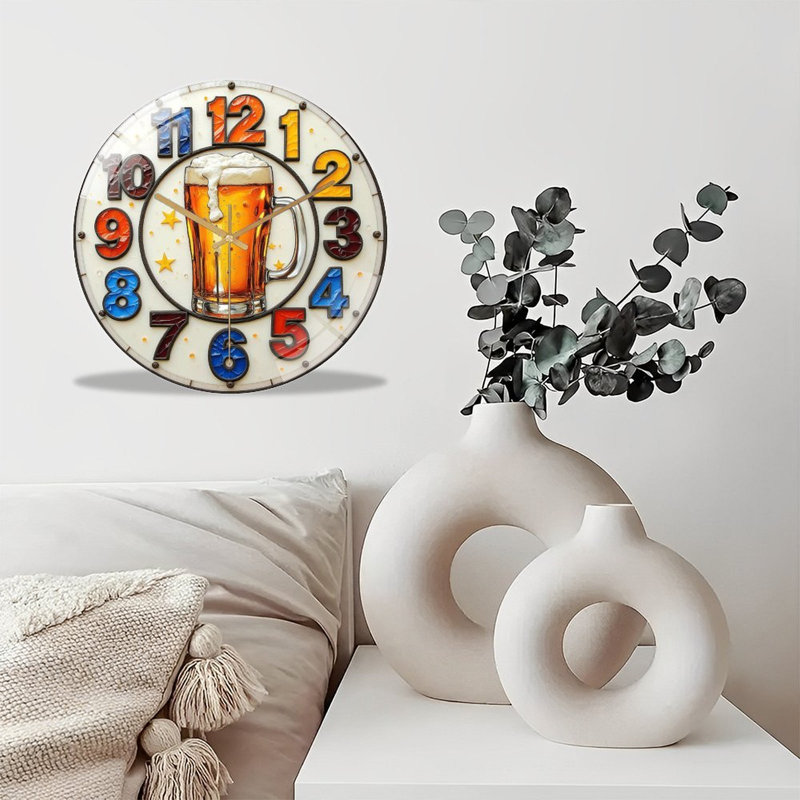Horloge murale silencieuse en verre trempé de 30 cm, « Horloge murale humoristique en forme de chope de bière pour la décoration de votre bar », sans tic-tac, fonctionne avec des piles AA (non incluses), décoration artistique pour la maison
