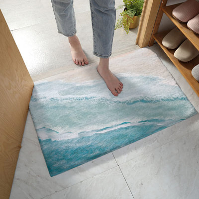 OceanWave Ultra-Soft Non-Slip Bath Mat - Gradient Blue Sea Beach Sand Design, Perfect for Bathroom, Bedroom, Living Room, and Entrance, 16x24In