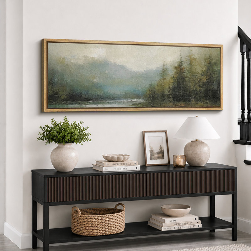 Lake River Landscape " Tranquil River Andest Antique Retro Fine Art Colorful Bedroom Extra Large Wall Decor ", 20" H x 60" W