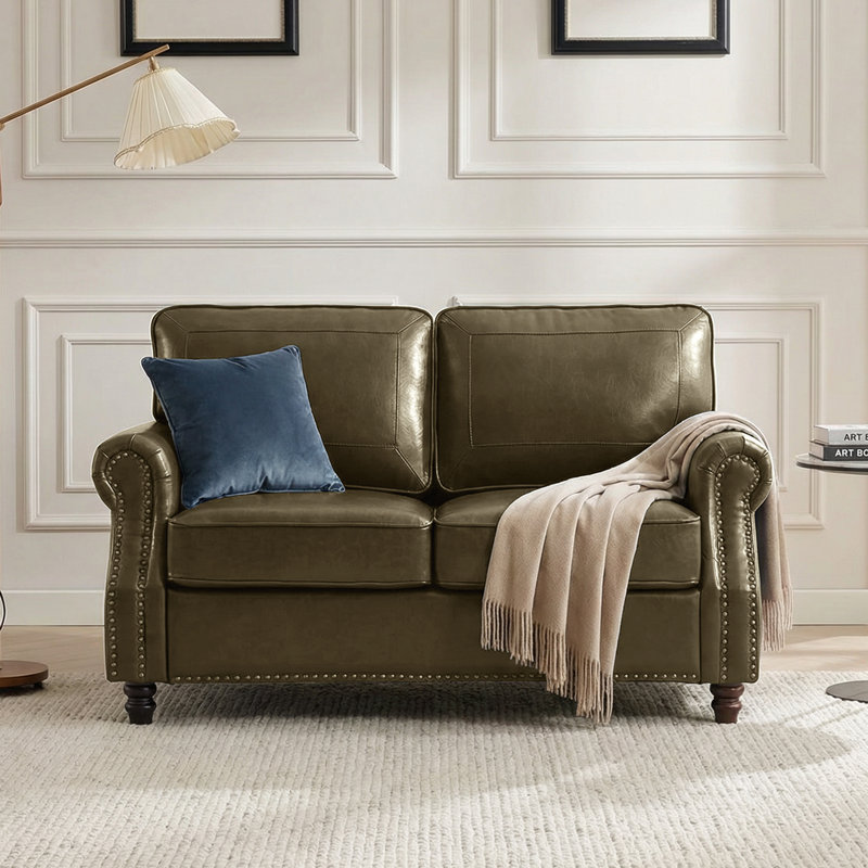 59" Upholstered Loveseat Faux Leather Sofa, Olive Green