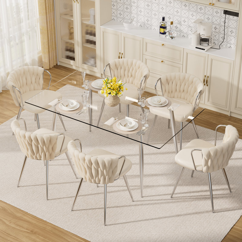 7 - Piece Glass Top Dining Set, Beige, 29.5"H x 63"L x 31.5"W