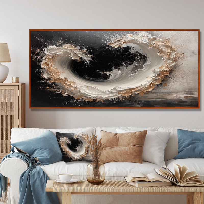 Encre spirale cosmique de rêve I - art mural transitionnel, H 28 po x l 60 po, Cadre flottant, Brun