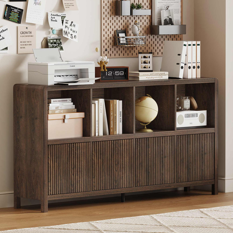 Guinna Farmhouse 8 Cube Bookshelf With 4 Doors, Wood Bookcase With Storage, Horizontal Cubby Organizer Shelf For Living Room, Office, Bedroom