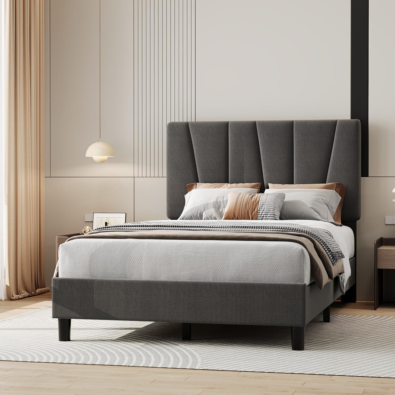 Structure de lit tapissier pour grand lit avec tête de lit capitonnée réglable, plateforme robuste, sans sommier, Grand lit