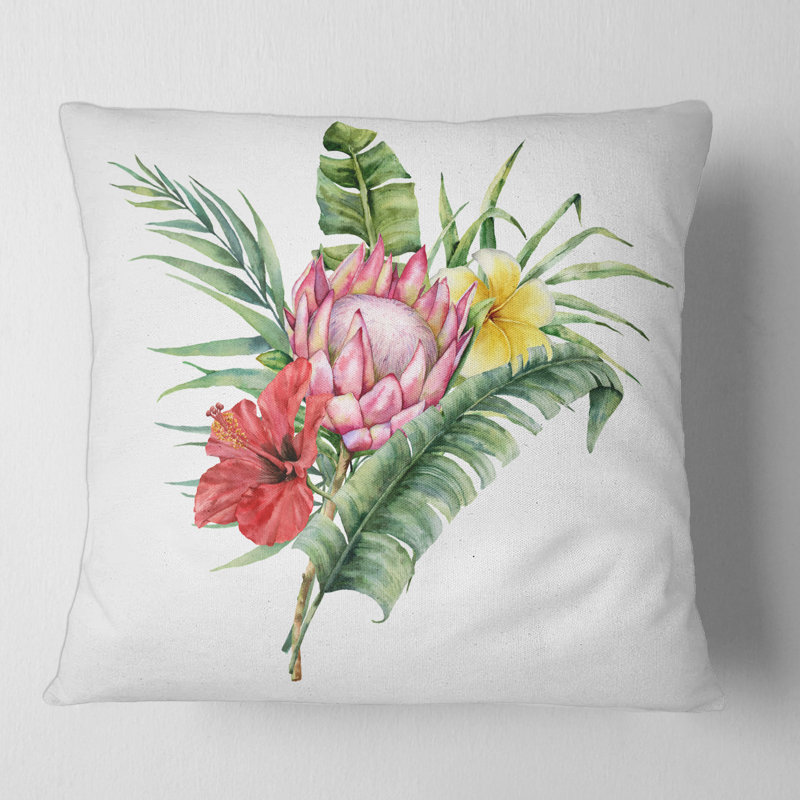 Bouquet de fleurs avec housse et insert de coussin carré Protea Hibiscus Plumeria, 18" x 18"