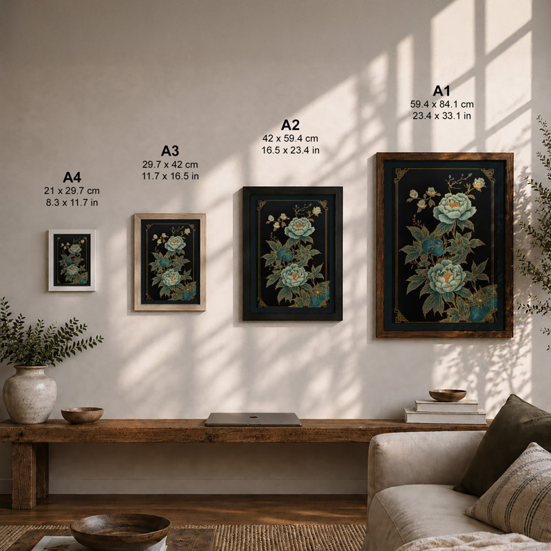 Peonies and Gold Botanical - Framed Print, A1 - 84.1 x 59.4 cm, Black