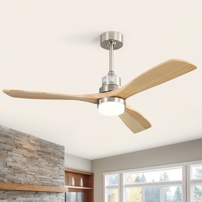 Kemp 52" Solid Wood Blade Smart Ceiling Fan With Light, Remote, Supports Amazon Alexa And App Control，Sand Nickel&Beige
