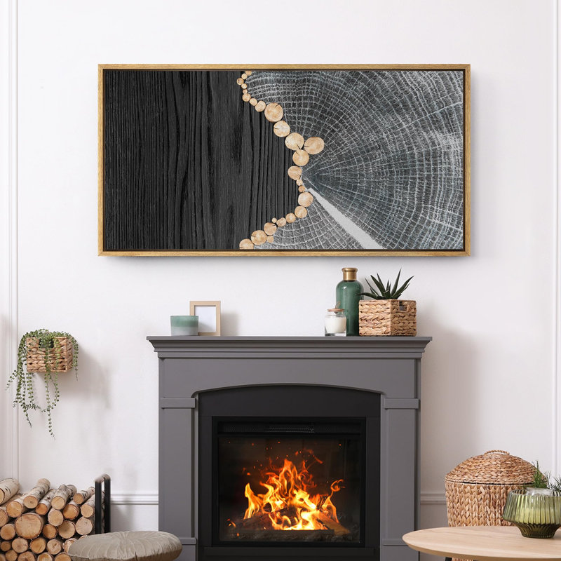 Impression sur toile encadrée, anneaux d'arbre gris et effet grain de bois, H 30 po x l 60 po, Naturel