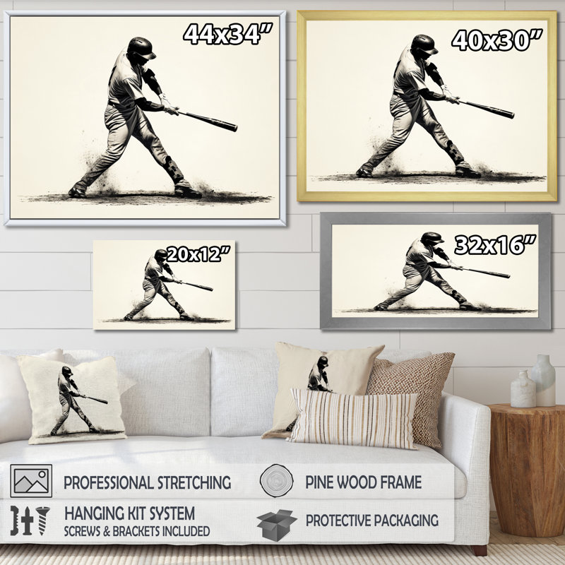 Baseball Focused Batt - Sports, reproduction d'art sur toile, Encadrement doré, H 16 po x l 32 po x P 1 po