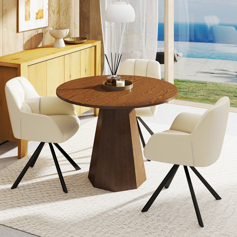 Round Dining Table Set Mid Century Modern Small Round Dining Table Set With Swivel Dining Chairs, Walnut, White Faux Leather