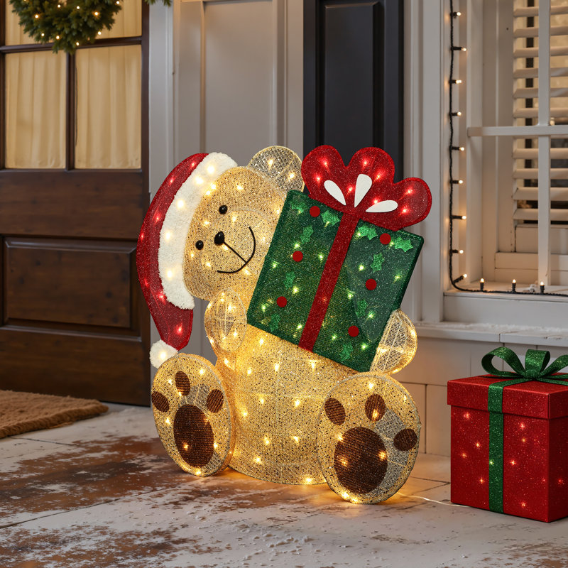 Ours en tissu pailleté 3D pré-illuminé de 80 cm (2,6 pi) tenant une boîte-cadeau - Décoration de Noël