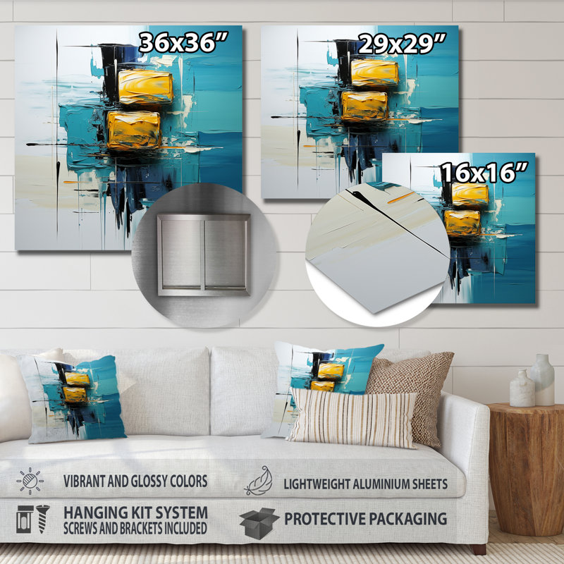 «Ebullient pensé jaune moutarde sur fond bleu», art mural abstrait, Métal métal, H 36 po x l 36 po