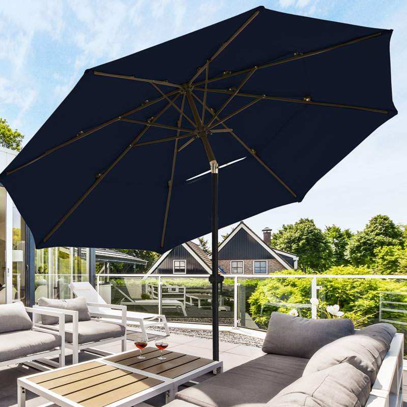 Parasol de marché à 3 niveaux avec bouton-poussoir inclinable et manivelle, H 100 po x l 120 po x P 120 po, Rouge