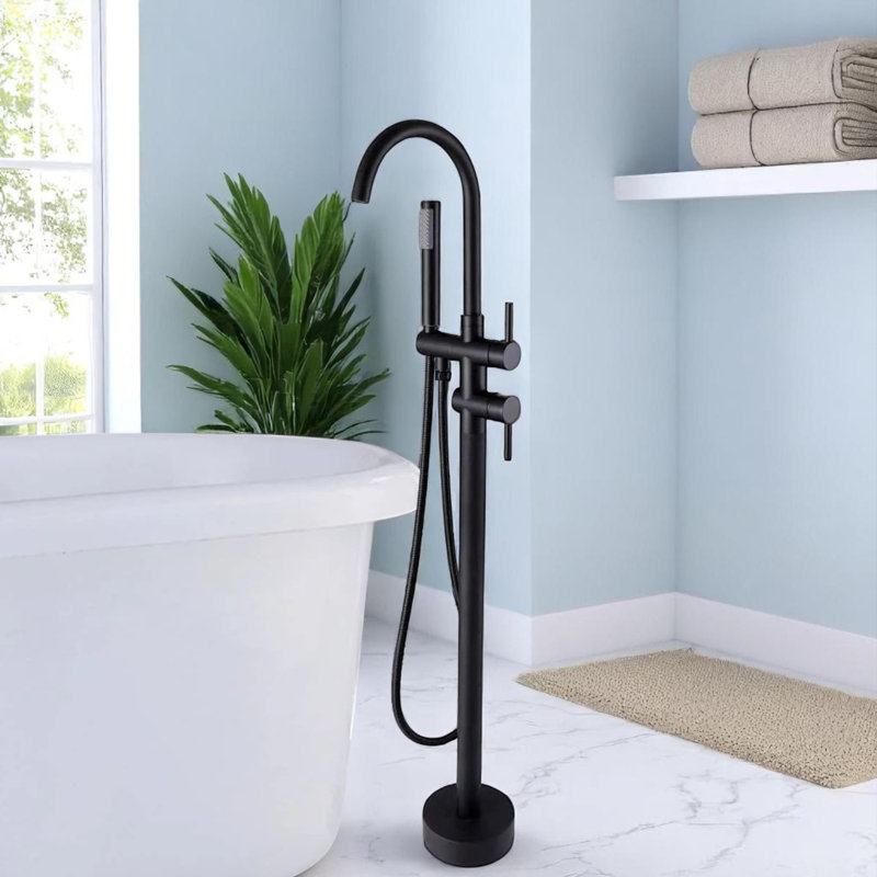 Double Handle Floor Mounted Freestanding Tub Filler Faucet with Handshower, Matte Black
