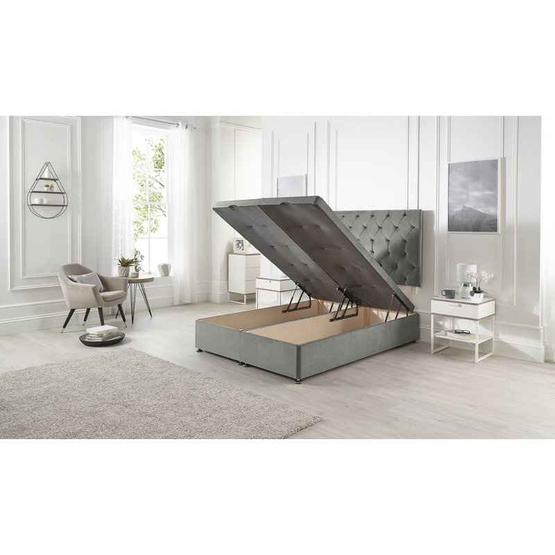 Orchid Ottoman Divan Storage Bed Base with Upholstered Headboard Tweed Fabric, Super King (6'), Grey