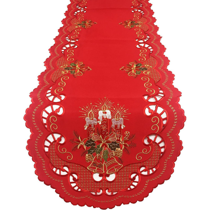 Red Embroidered And Cutwork Fête De Noël Holiday Décor Table Runner 16" W X 72" L