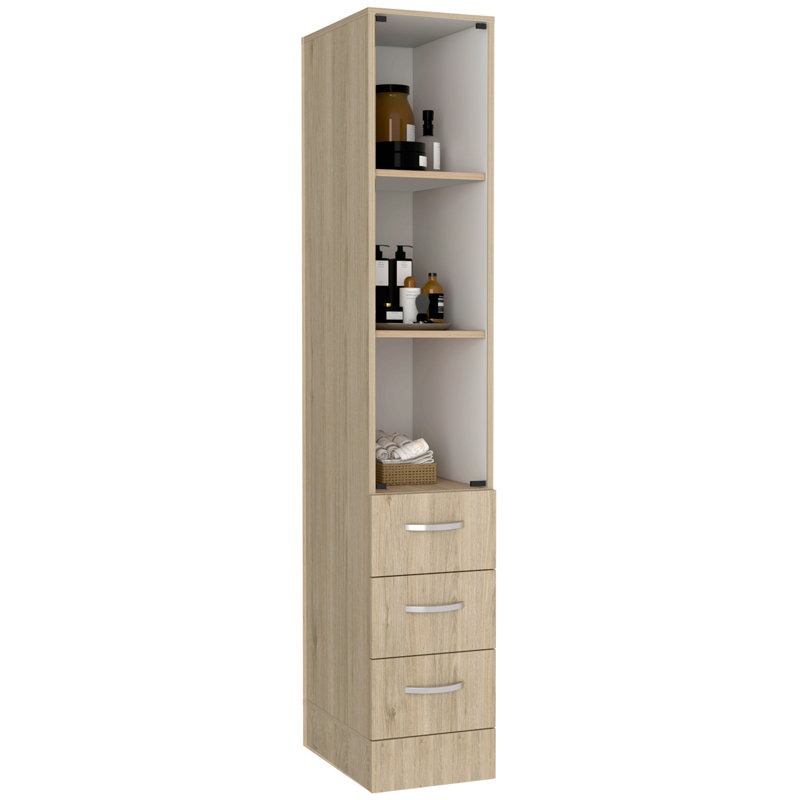 Armoire à linge, trois tablettes, quatre tiroirs, pin clair / blanc