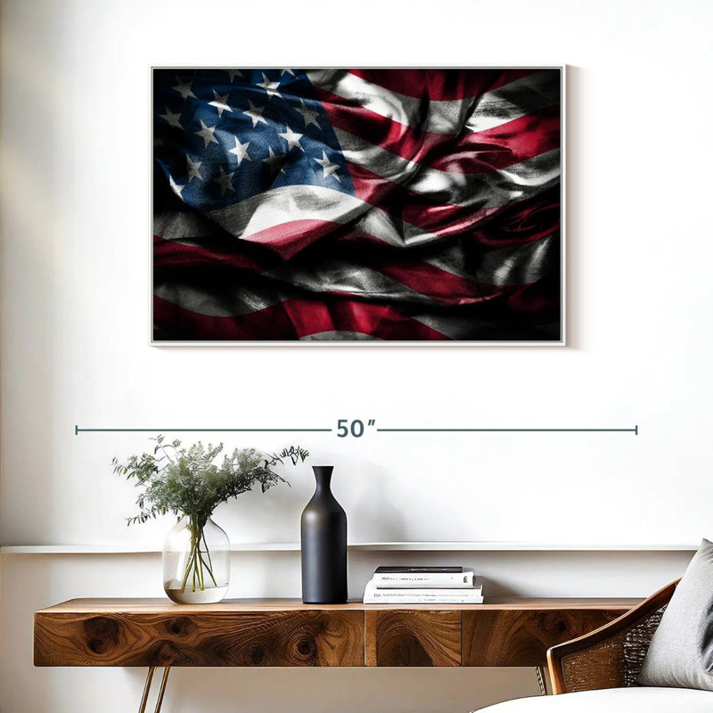 Waving American Flag, Floating Frame White, 31" X 21"