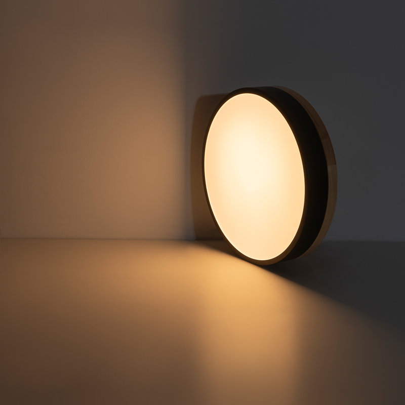 Plafonnier encastré rond scandinave en bois à intensité variable, H 2,4 po x l 15,7 po x P 15,7 po, Noir mat