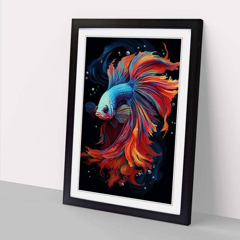 Siamese Fighting Fish Tachisme - Single Picture Frame Print on Wood, 46cm H x 34cm W, Black Framed