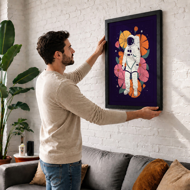 Astronaut Among Blooms Modern - Framed Print, A2 - 59.4 x 42.0 cm, Oak