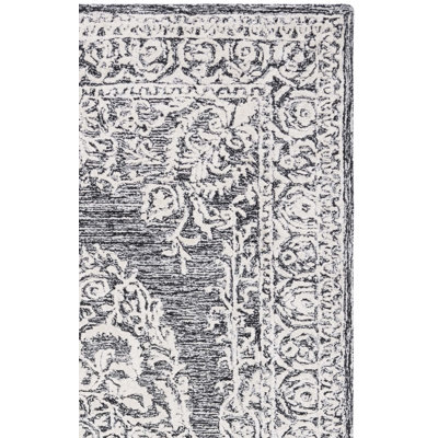 Tapis oriental en laine / soie de bambou / coton touffeté à la main avec envers en coton Bathsheeb noir / ivoire