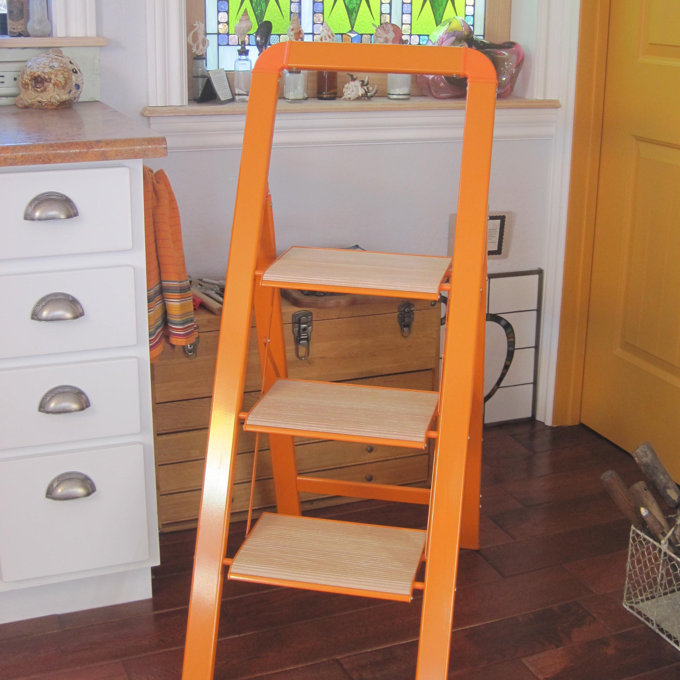 3 - Step Aluminum Lightweight Folding Step Ladder - Orange/Wood