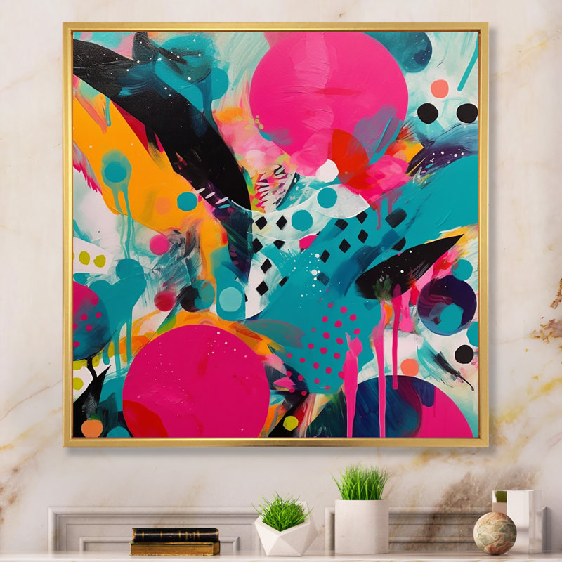 Art abstrait sur toile rose et turquoise abstraite I, H 30 po x l 30 po x P 1 po, Cadre flottant doré