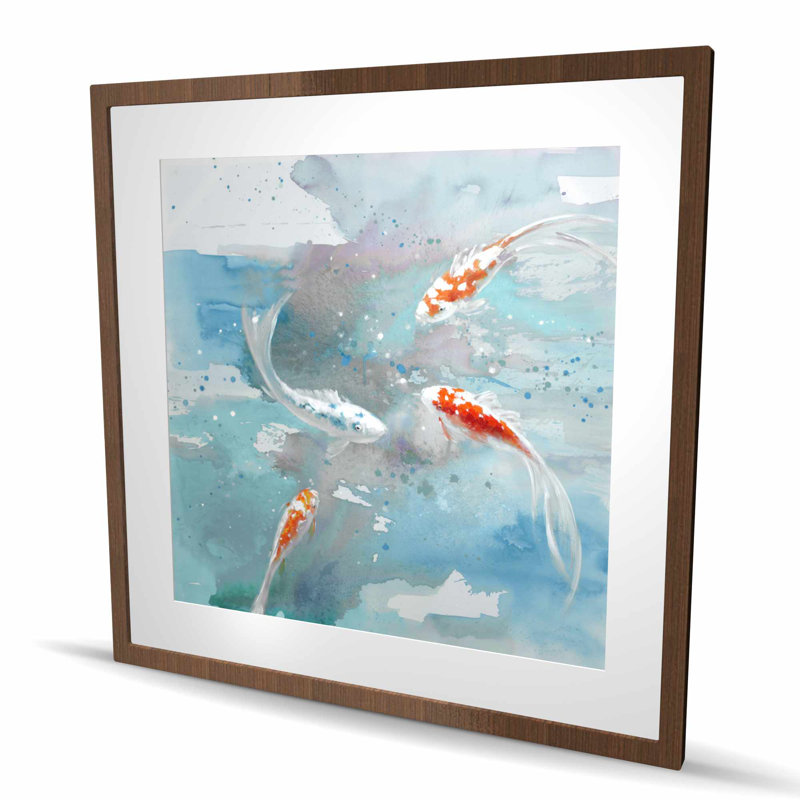 Koi Fish in Blue Water - reproduction encadrée avec passe-partout pour la décoration intérieure, H 36 po x l 36 po, Brun