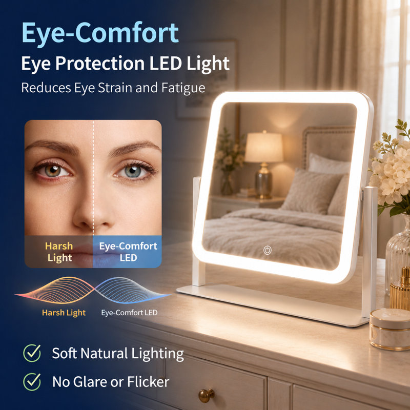 Miroir de maquillage carré à DEL avec 3 lumières à intensité variable