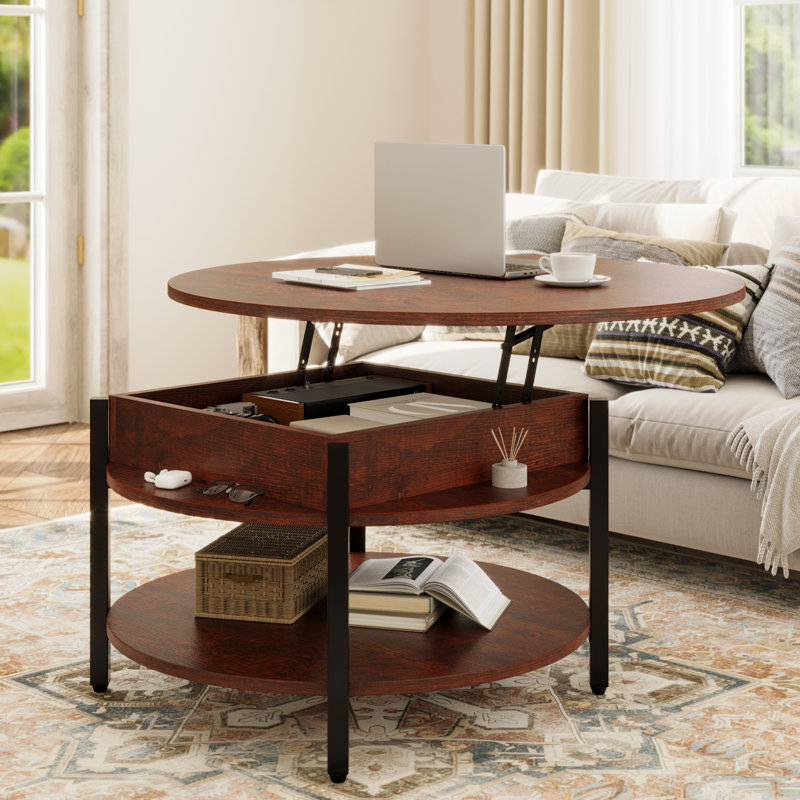 Table basse à plateau relevable en bois avec rangement Wynny, H 18 po x l 27 po x P 27 po, Red Brown