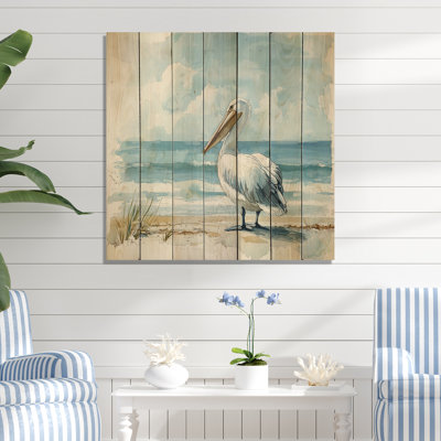 Pelican «Guardian of the Shore II» - Art mural en bois Heron Animal - sur bois de pin naturel