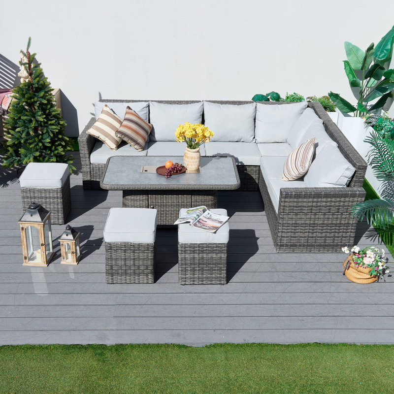 Ensemble de conversation modulaire en osier pour 8 personnes avec coussins 8 personnes, Gris, Gris clair