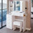 Middle Size Left Bedside Cabinet Vanity Table + Cushioned Stool Dresser Set, 2 AC+2 USB Socket, Hair Dryer Stand, Large Touch Control LED Sliding Mirror, 3-Color Switch, EPA, GCC, UL Certificate-1037069621