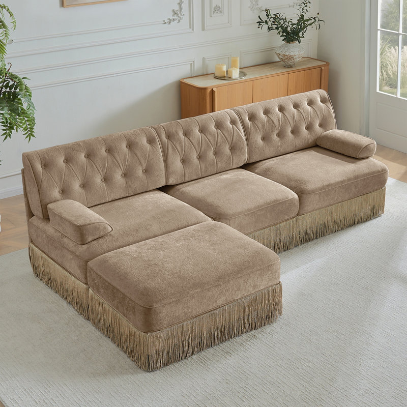 Canapé Chesterfield 3 places, 34.2" H x 106.1" W x 33.8" D, Beige