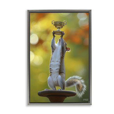 Squirrel Holding Trophy Framed Floater Canvas by Roozbeh Bahramali