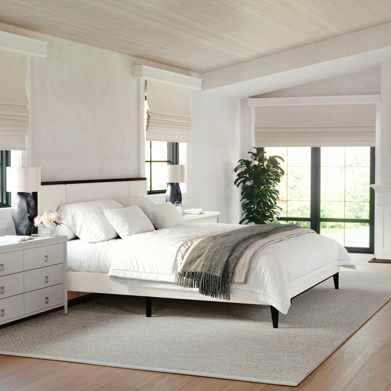 Lit plateforme en bois avec base tapissier Martha Stewart Jett, Très grand, Beige