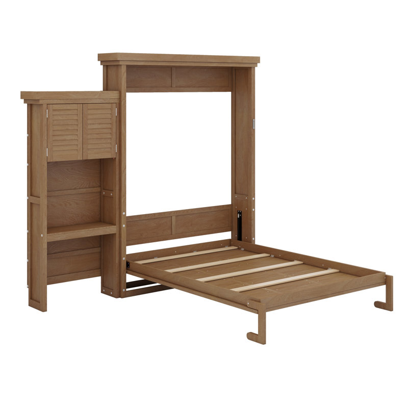 Lit escamotable avec plusieurs tablettes de rangement et décoration à persiennes, Bois