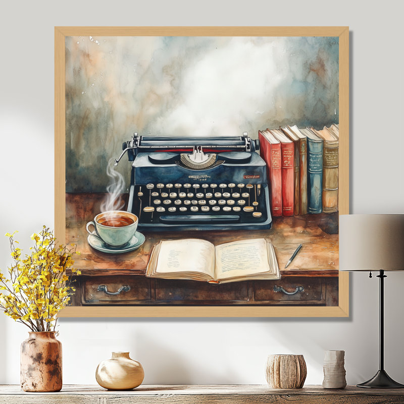 «Black Red Typewriter & Tea Still Life», art mural rétro encadré, H 30 po x l 30 po, Cadre naturel