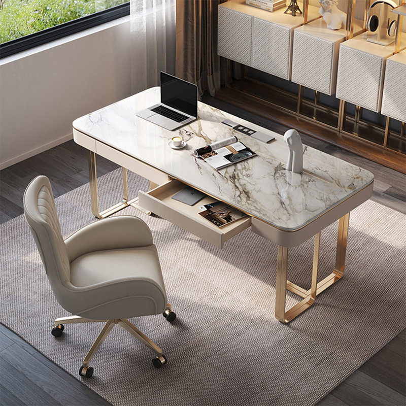 Bureau d'écriture en pierre blanche avec tiroirs, H 29,53 po x l 47,24 po x P 27,56 po