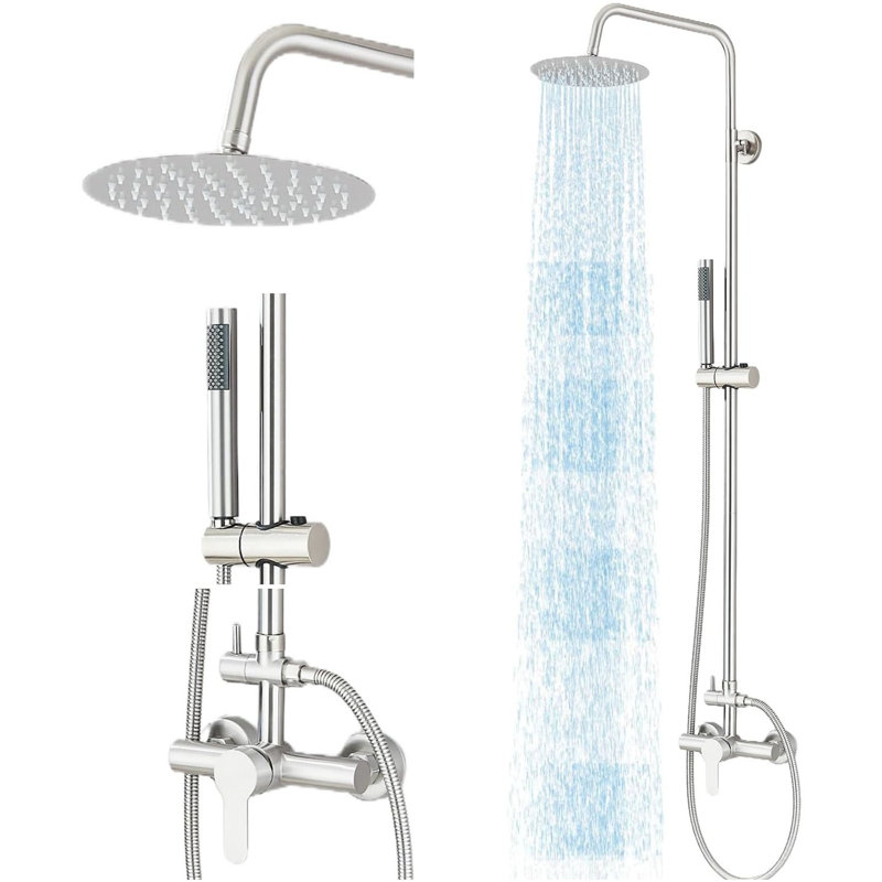 DIDADI Outdoor Shower Fixtures Rain Shower System with 8" Rain Shower Head Handheld Sprayer Single Handle Wall Mounted Bathroom Shower Faucet Set, Brushed Nickel for Bathroom or Backyard