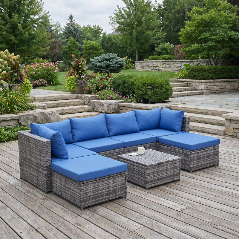 Ensemble de canapé de patio bleu et gris avec coussins - salon d'extérieur en rotin et fer PE toutes saisons