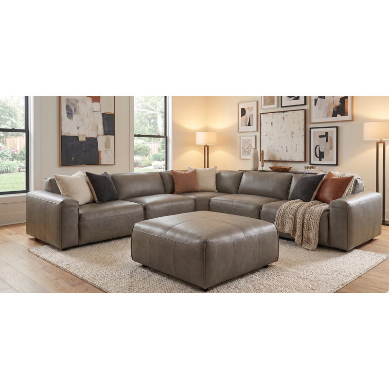 Canapé modulaire en cuir avec repose-pieds Fernagh, Cuir véritable gris pierre