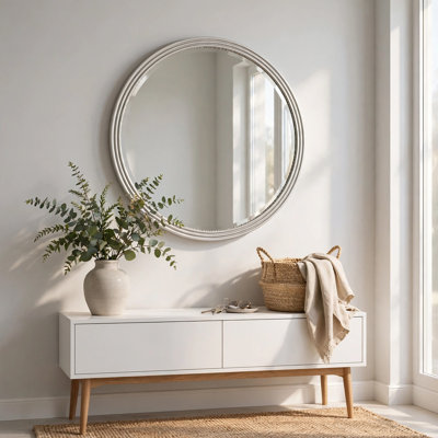 Miroir de commode Aren, cadre à bordure moulée, bois blanc, rond de 35 po