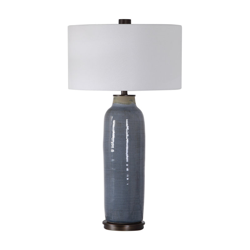 Slate Blue Glaze Ceramic Table Lamp with White Drum Shade