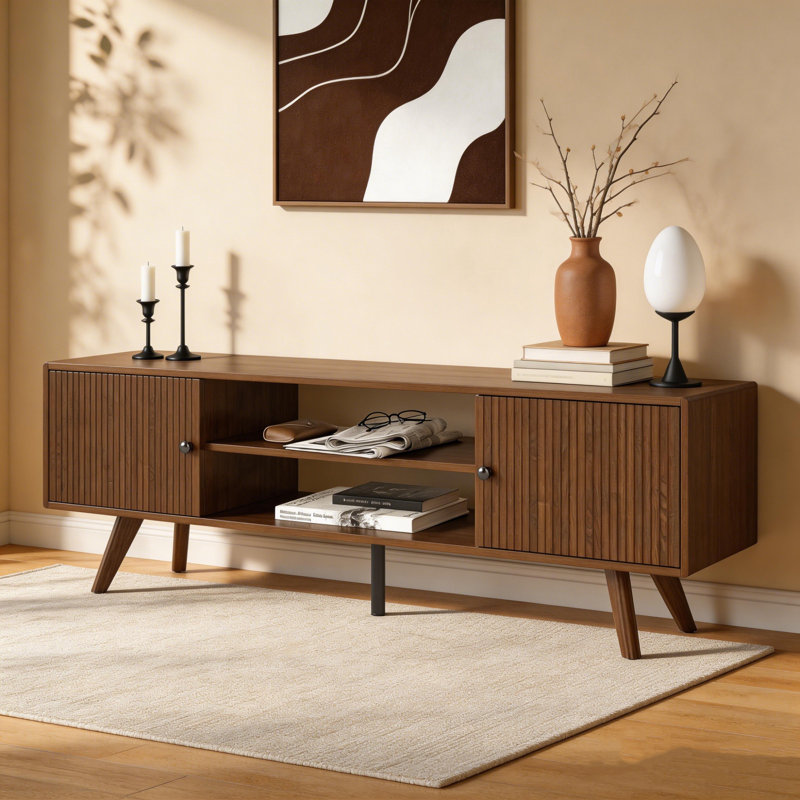 Eartha TV Stand For Tvs Up To 65", Media Console With Storage Cabinet, Charging Station For Living Room, Brown