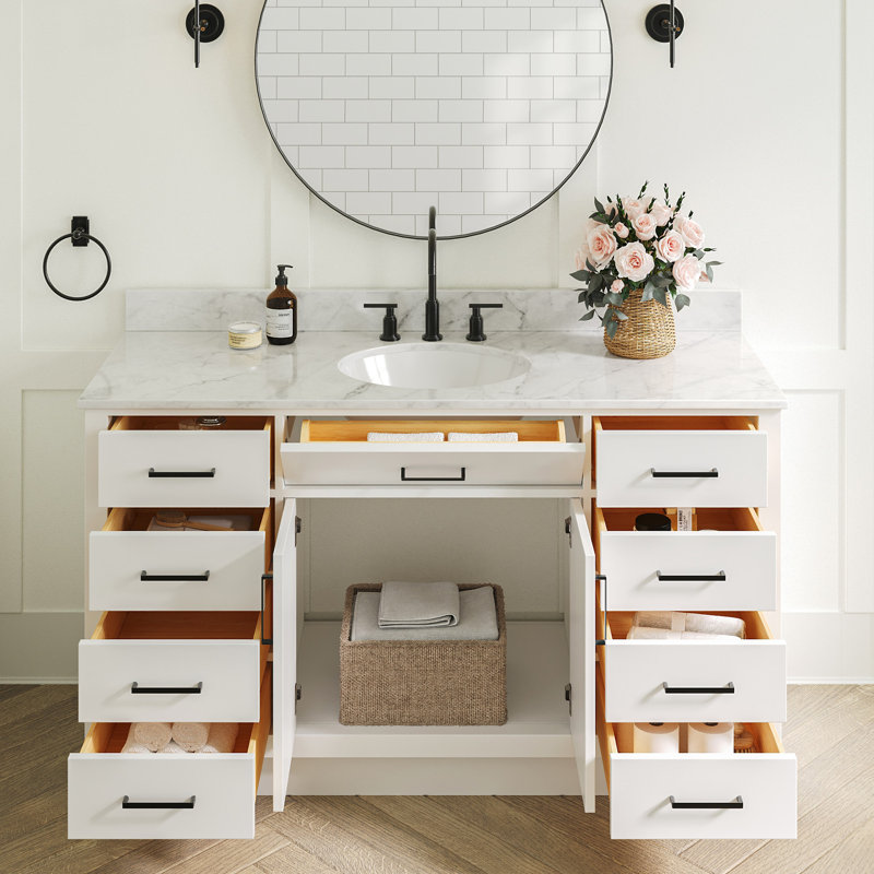 Meuble-lavabo simple en bois massif 60 po avec lavabo en marbre de Carrare 0,75 po Jameal, Ovale, Blanc