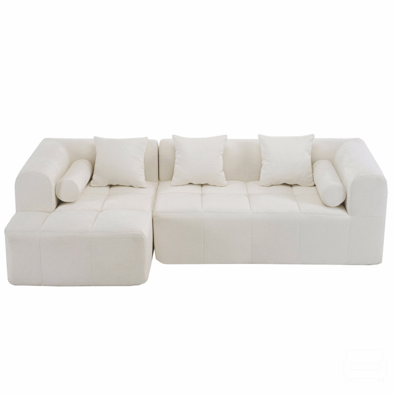 Modular Sectional Sofa with Deep Seating & 2 Side Pockets for Living Room, Beige Chenille