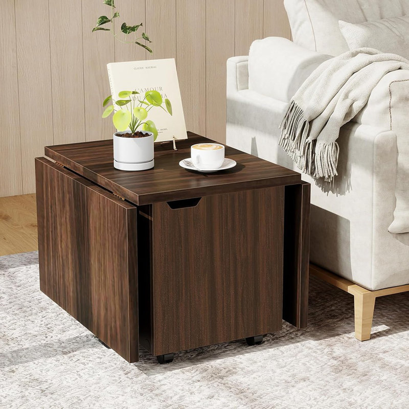 Table basse pliante en noyer - 48 po Table à rallonge rabattable avec armoire de rangement et roulettes, table d'appoint roulante, table de salon Mid-Century moderne pour petits espaces