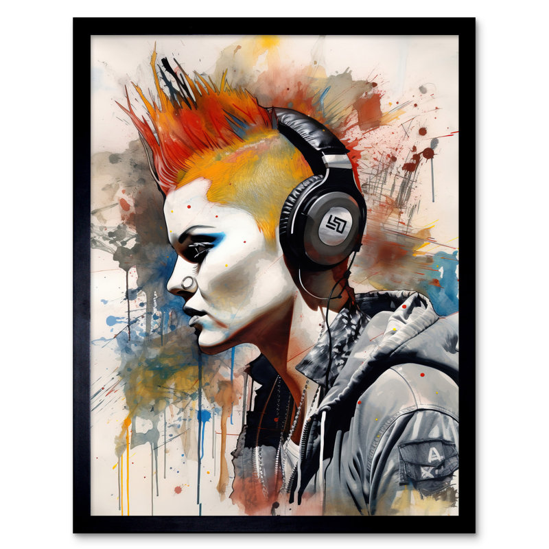 Germanton Edgy Young Punk Woman With Red Mohawk And Headphones Listening To Music - Single Picture Frame Print